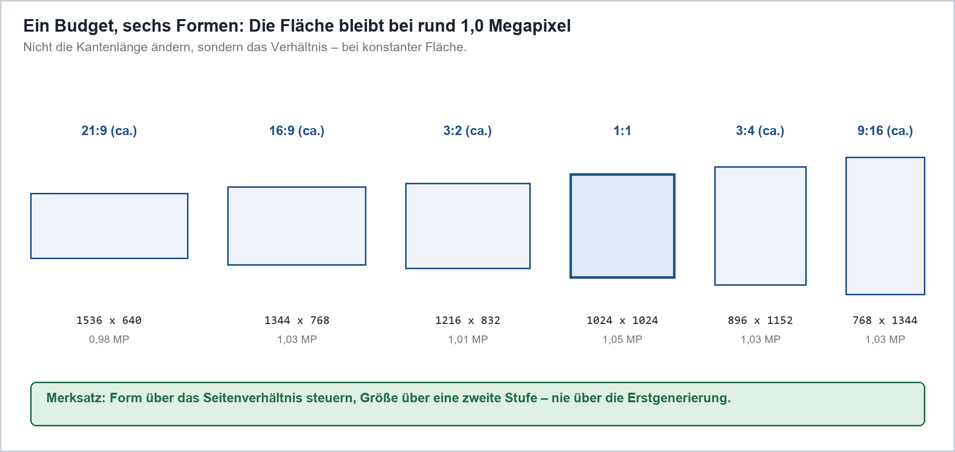 Sechs Seitenverhältnisse (21:9 bis 9:16) bei konstant ~1 Megapixel Fläche mit Pixelmaßen je Format.