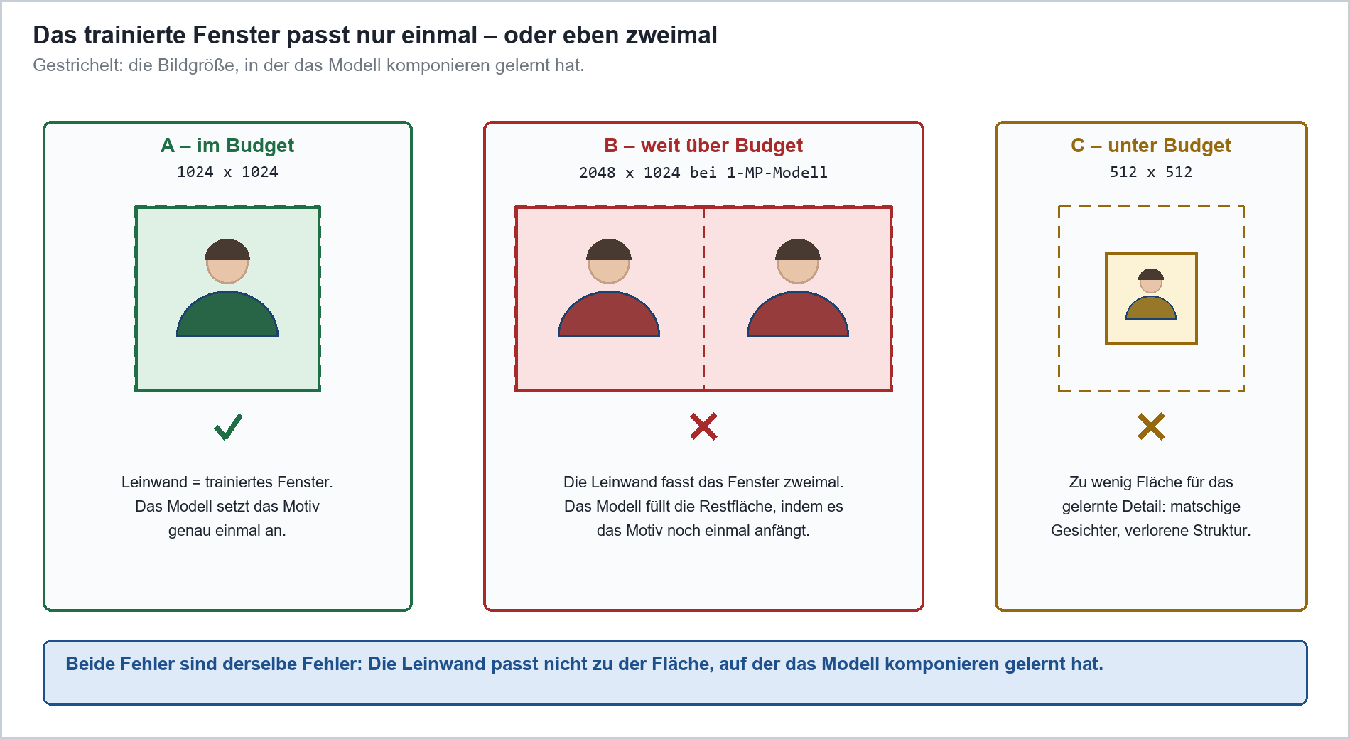 Drei Szenarien: Leinwand im Budget (1024×1024, korrekt), weit über Budget (doppeltes Motiv, falsch), unter Budget (matschig,