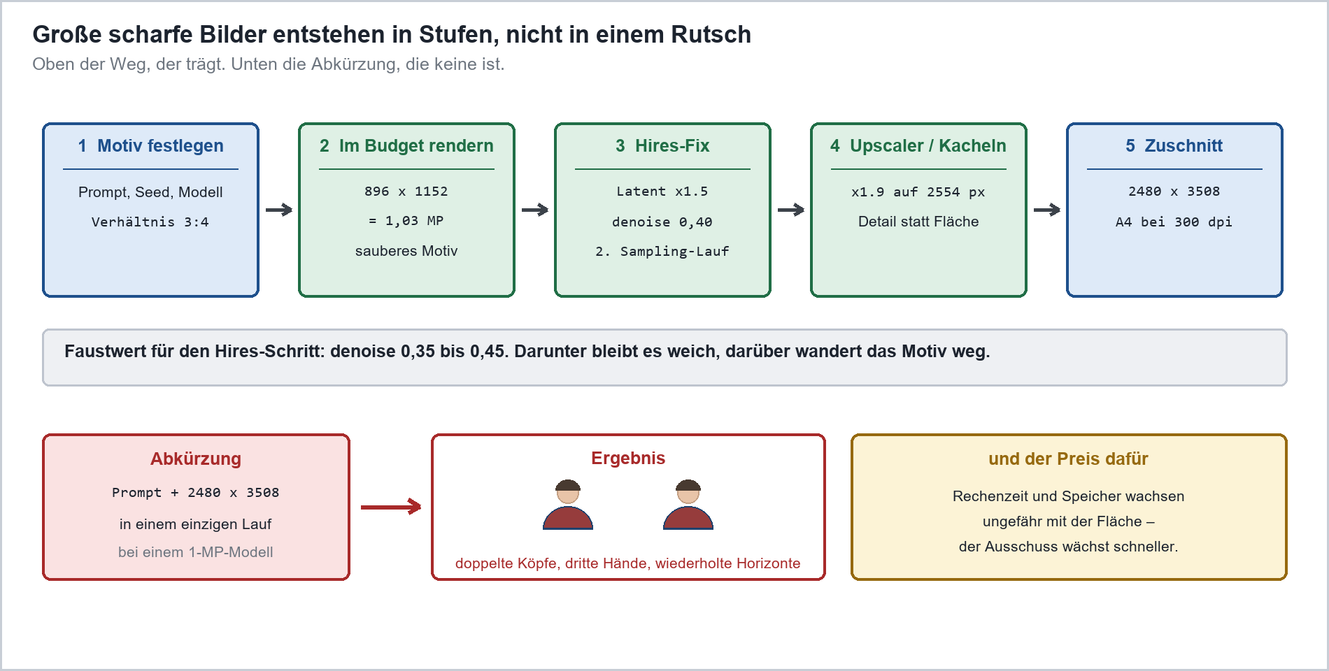 Fünf-Schritte-Workflow für hochauflösende KI-Bilder: Motiv, Rendern im Budget, Hires-Fix, Upscaling, Zuschnitt – vs. fehlerha