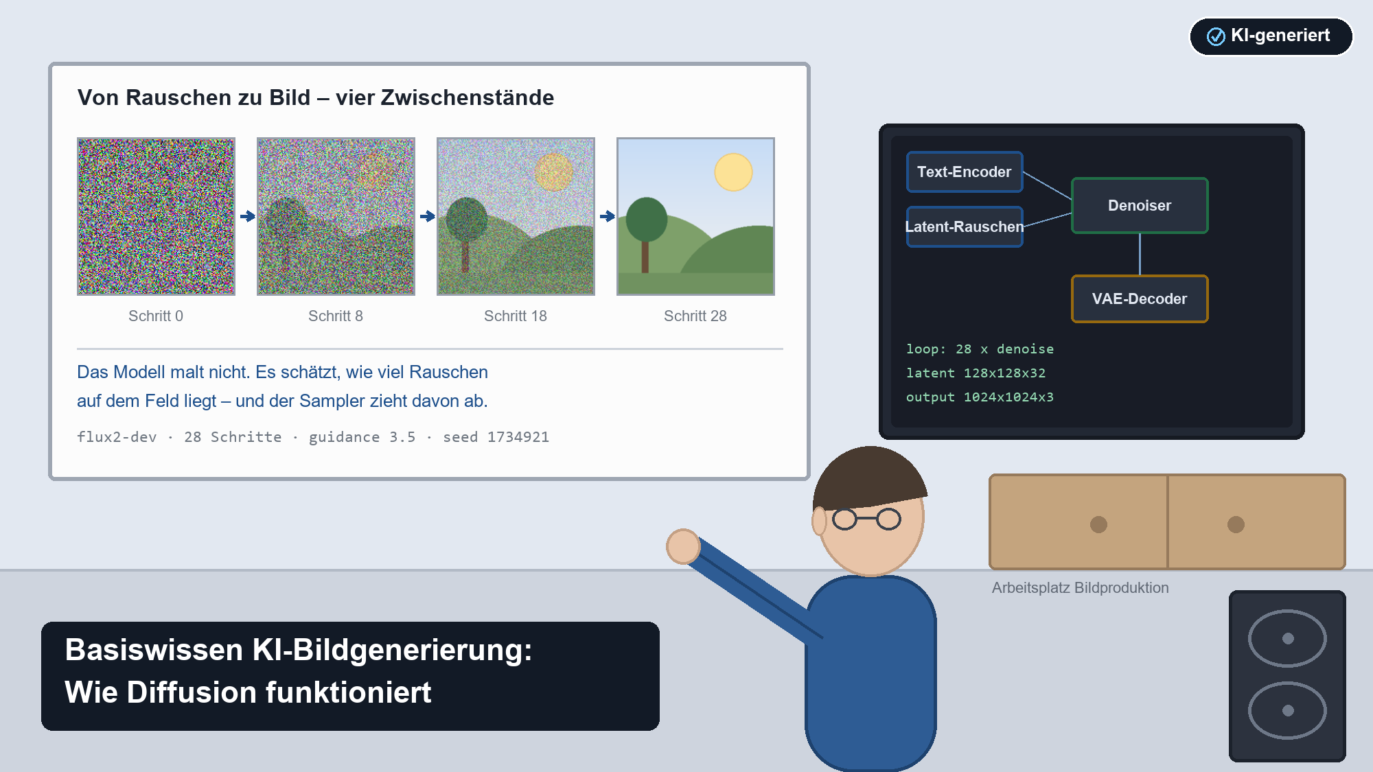 Infografik: Diffusionsprozess in 4 Schritten von Rauschen zu Bild, daneben Architektur mit Text-Encoder, Denoiser und VAE-Dec