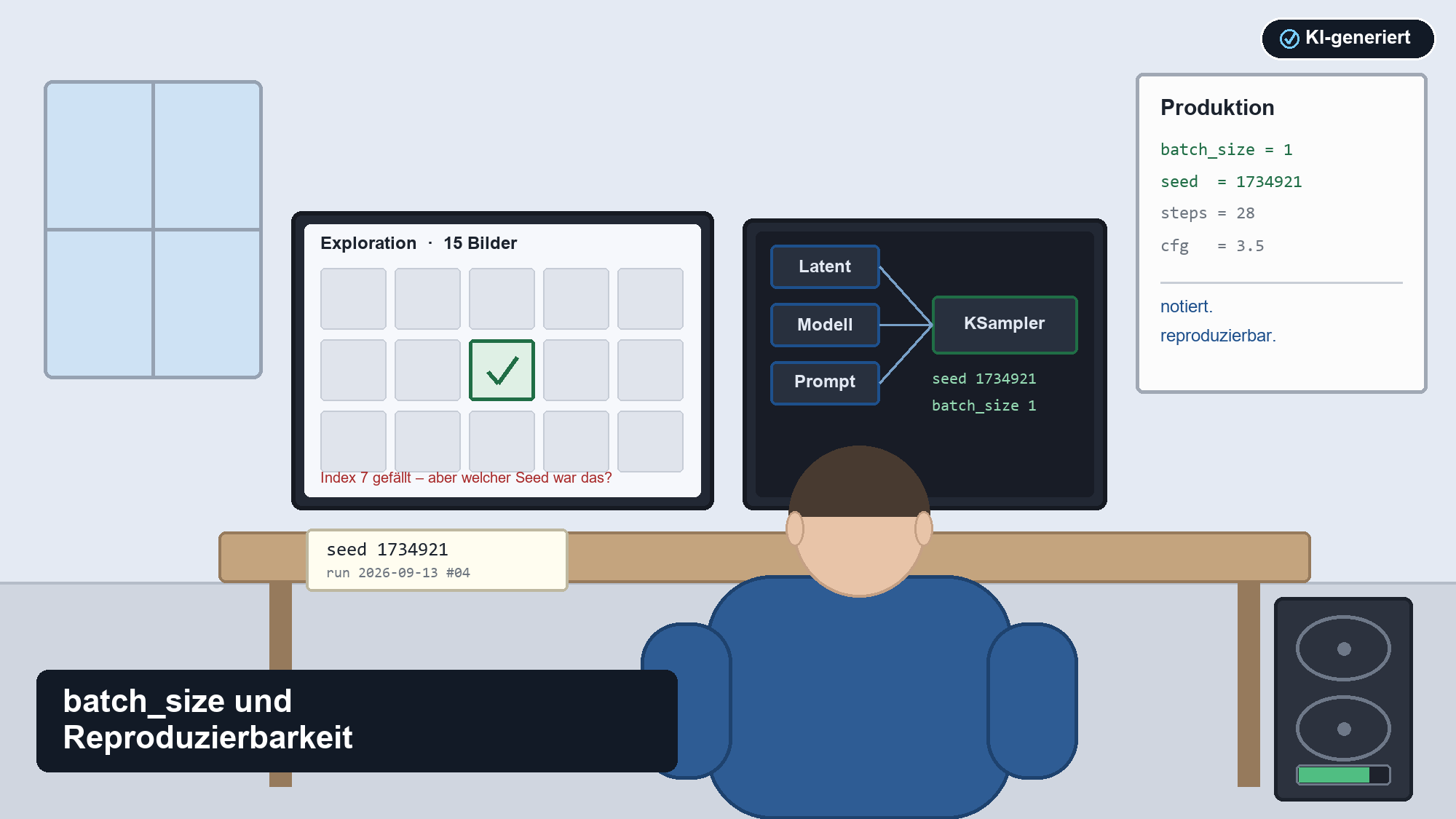 Illustration: Exploration mit 15 Bildern, KSampler-Workflow und Produktionsparameter batch_size=1, seed=1734921