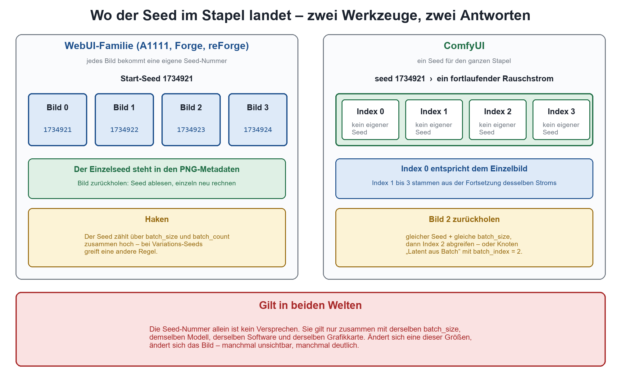 Vergleich: WebUI vergibt pro Bild eigene Seeds (1734921–1734924), ComfyUI nutzt einen Seed als fortlaufenden Rauschstrom