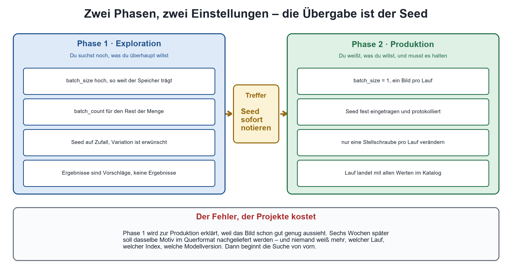 Ablaufdiagramm: Phase 1 Exploration mit hoher batch_size, Seed notieren, dann Phase 2 Produktion mit batch_size=1 und Protoko