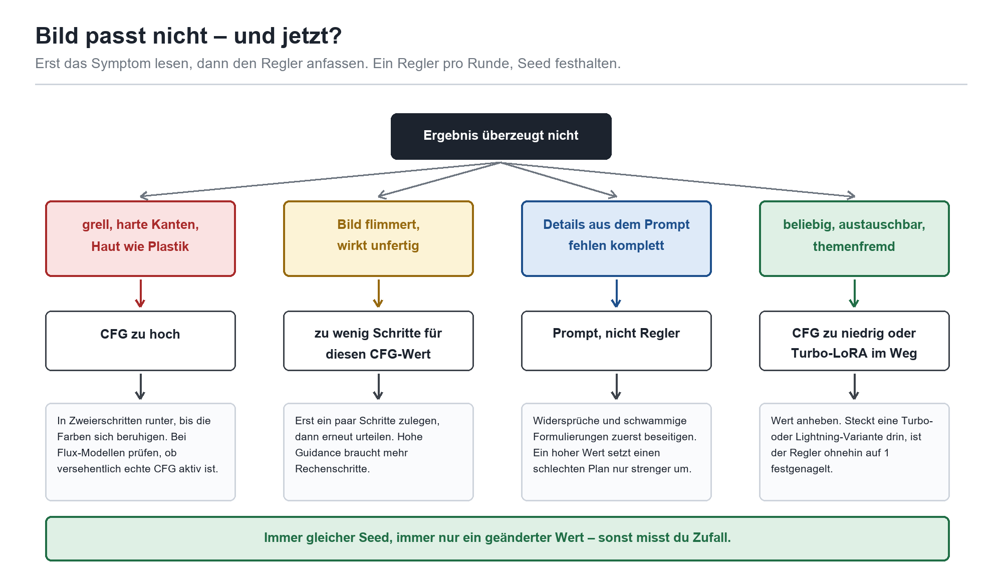 Entscheidungsbaum: vier Bildfehler-Symptome (z. B. grell, unfertig) mit Ursache und Korrekturempfehlung für CFG.