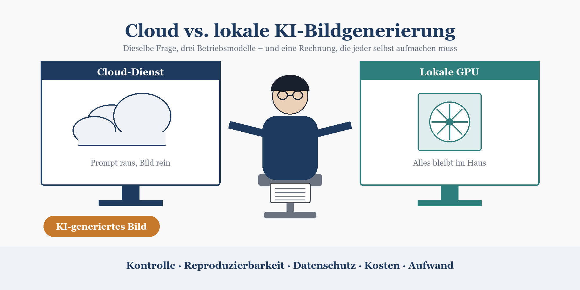 Infografik: Cloud-Dienst vs. lokale GPU für KI-Bildgenerierung – Vergleich nach Kontrolle, Datenschutz und Kosten