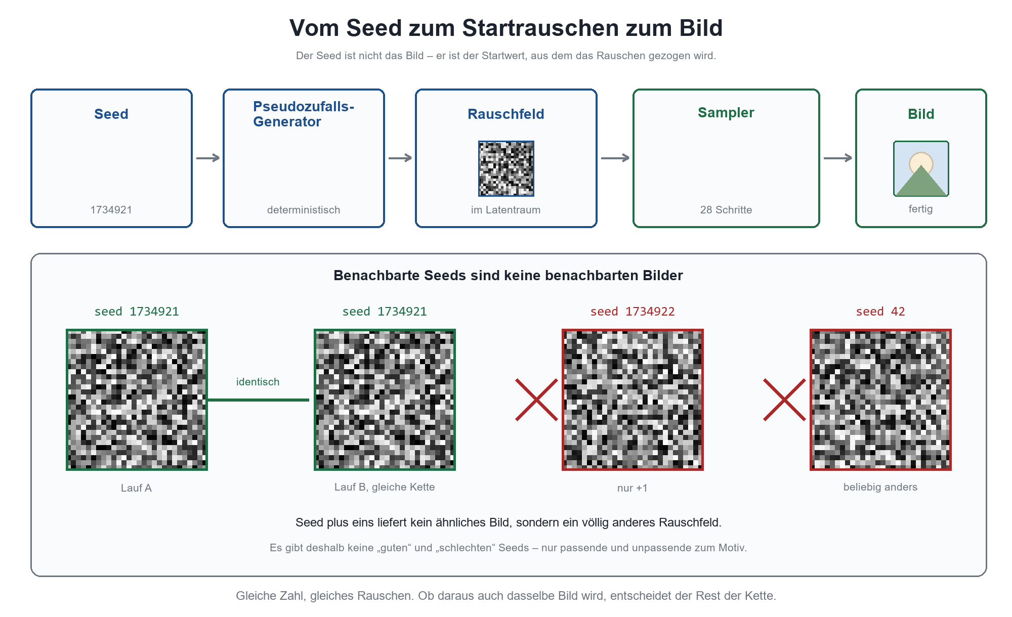 Diagramm: Seed wird zu Rauschfeld, dann zu Bild; gleicher Seed ergibt identisches, benachbarter Seed völlig anderes Rauschen