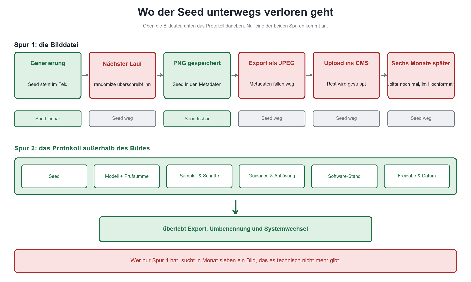 Flussdiagramm: Seed geht beim JPEG-Export und CMS-Upload verloren; externes Protokoll mit allen Parametern bleibt erhalten
