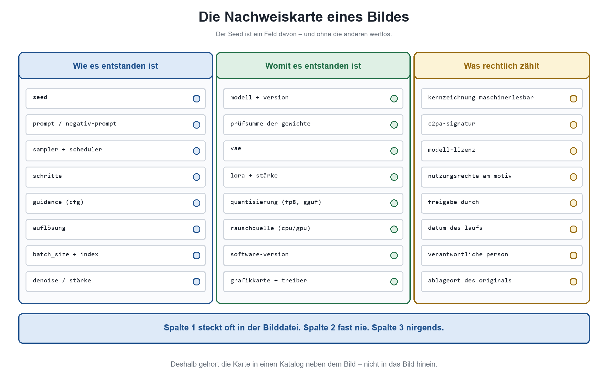 Nachweiskarte eines KI-Bildes: drei Spalten für Entstehungsparameter, Werkzeuge und rechtliche Angaben mit Feldern wie Seed u