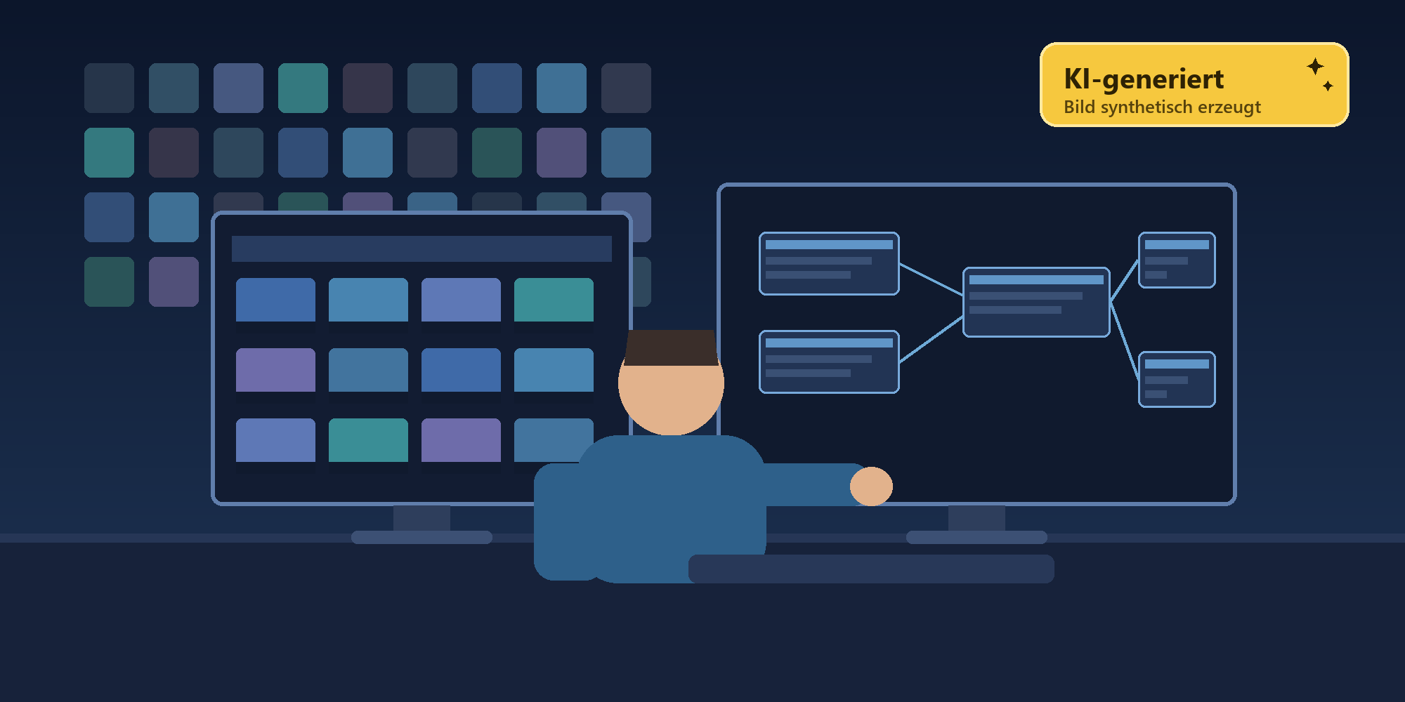 KI-generierte Illustration: Person vor zwei Monitoren mit Asset-Raster und Workflow-Diagramm