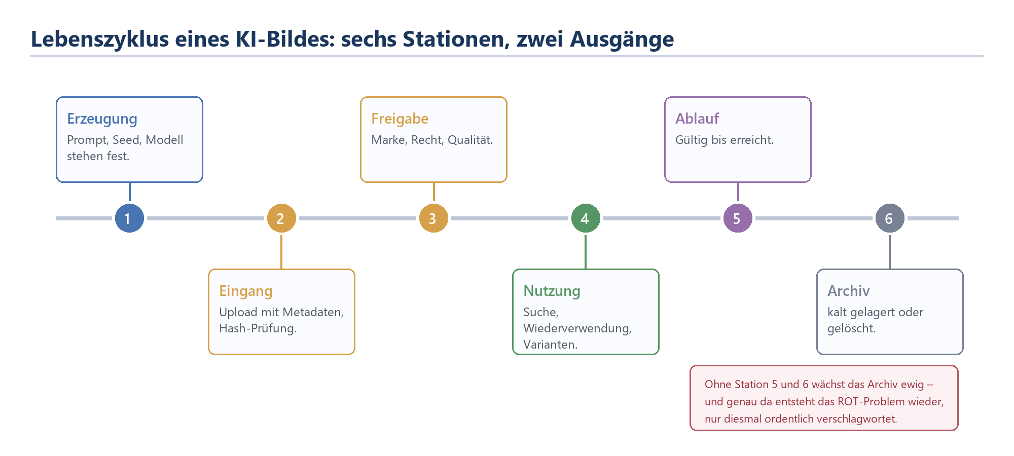 Zeitstrahl: Lebenszyklus eines KI-Bildes in sechs Stationen von Erzeugung bis Archiv oder Löschung