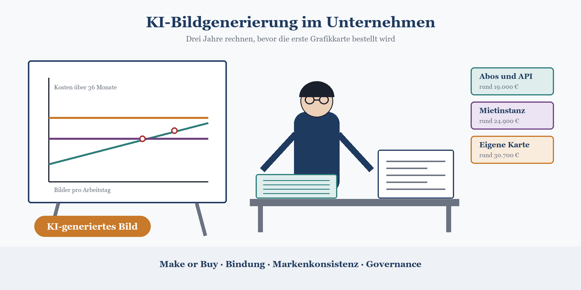 Infografik: KI-Bildgenerierung im Unternehmen – Kostenvergleich Abos, Mietinstanz und eigene Grafikkarte über 36 Monate.