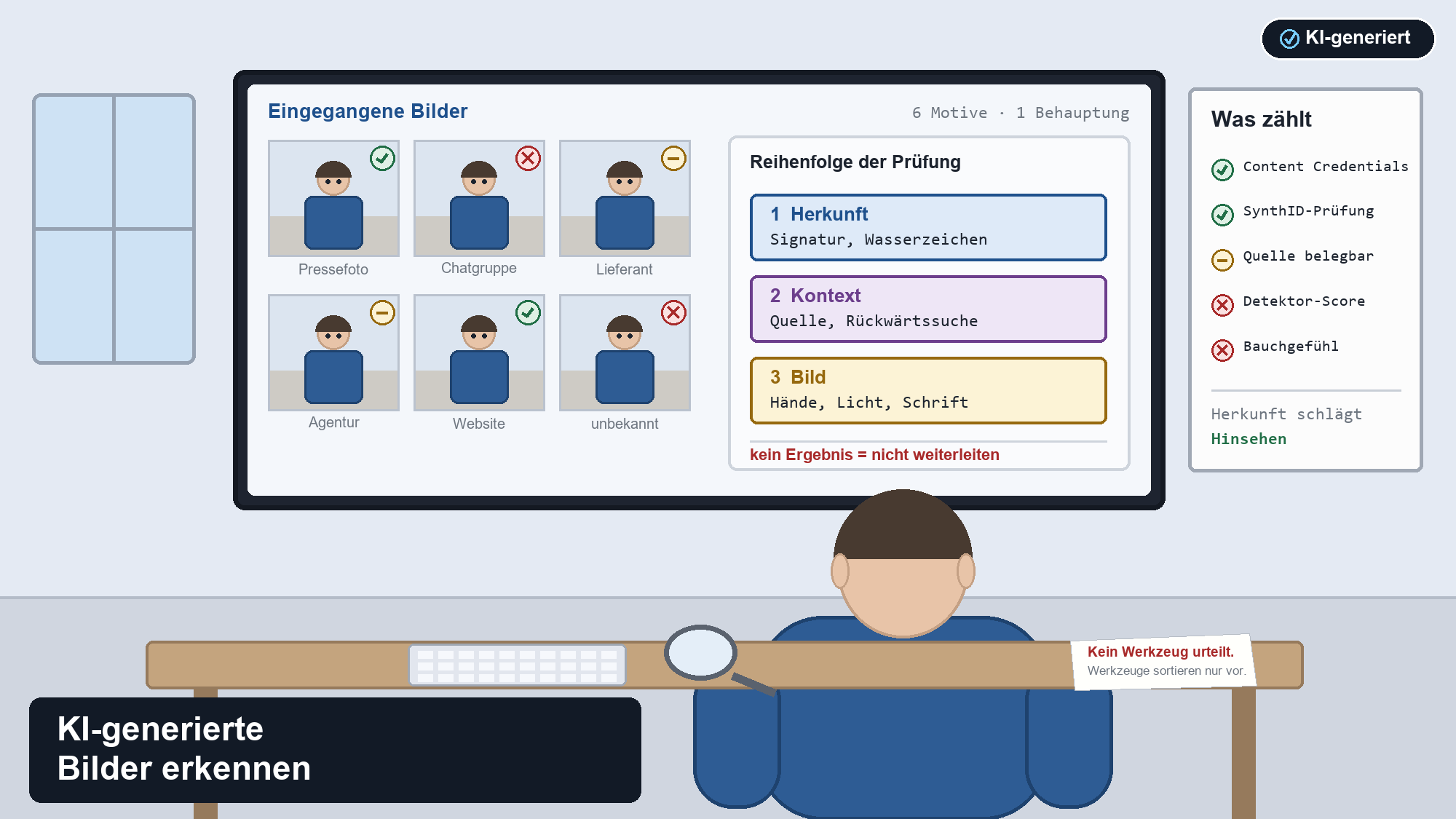 Infografik: Prüfworkflow für KI-Bilder mit Herkunft, Kontext und Bildanalyse als Prüfreihenfolge