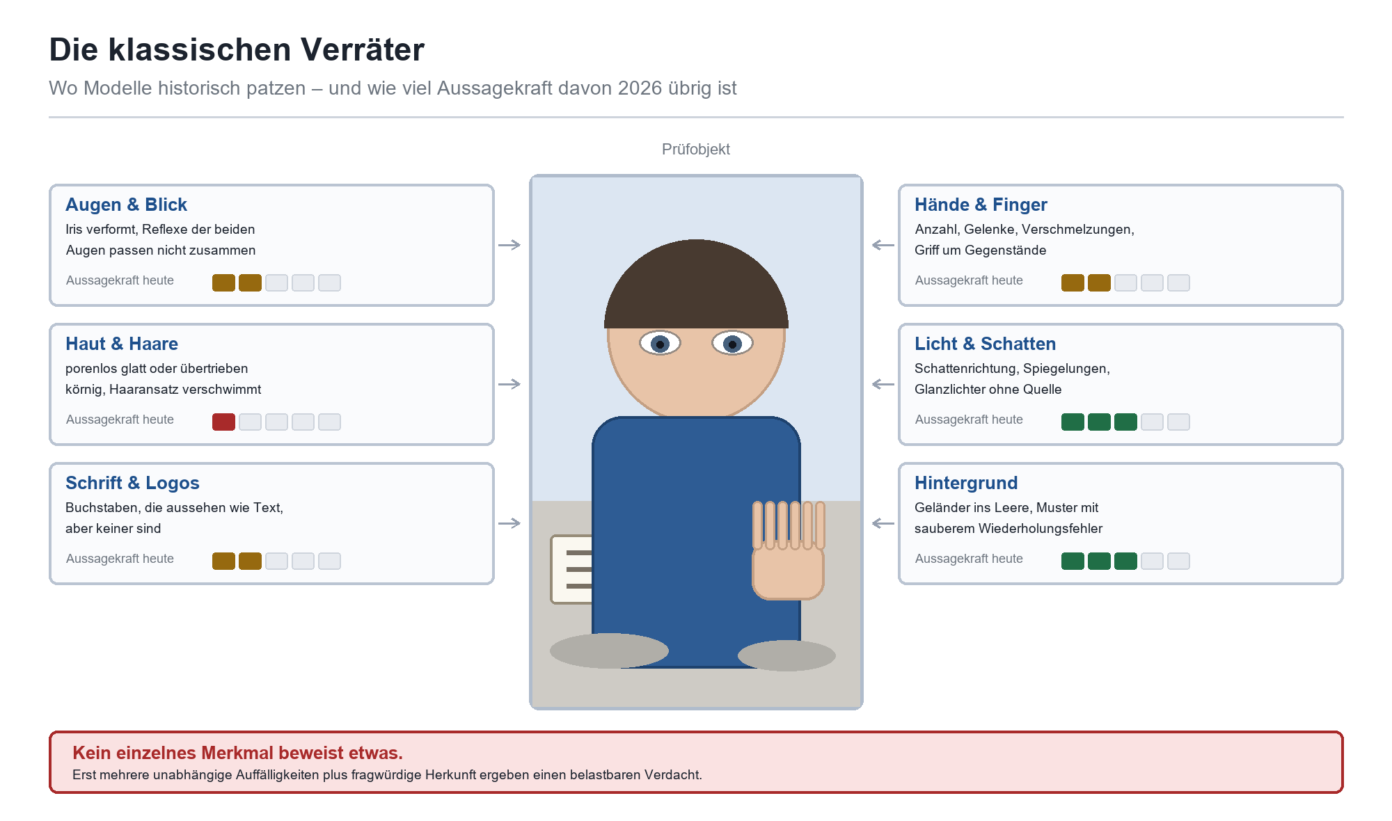 Diagramm klassischer KI-Bildmerkmale: Augen, Haut, Hände, Licht, Hintergrund mit Aussagekraft-Bewertung