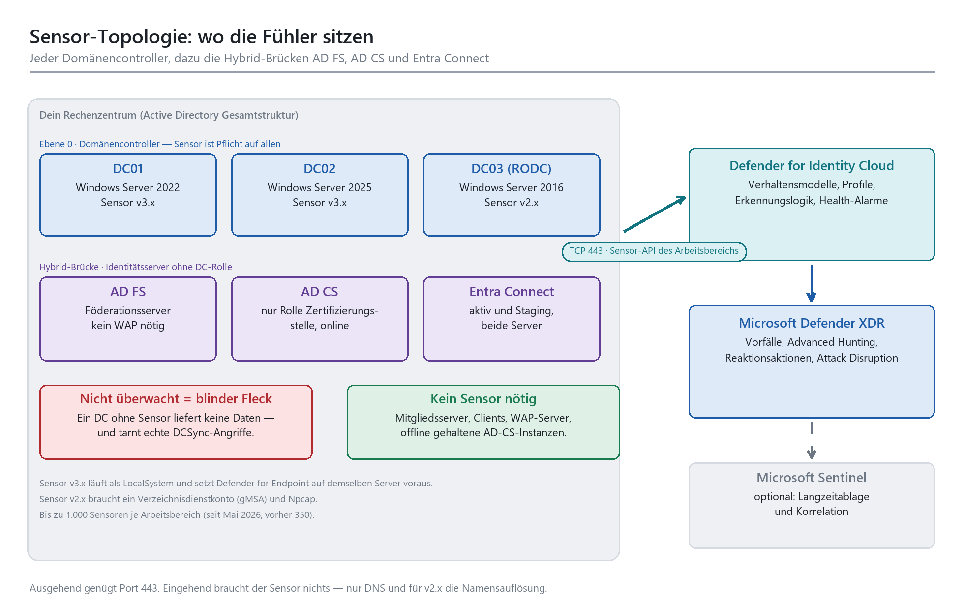 Defender for Identity Sensor-Topologie: DCs, AD FS, AD CS und Entra Connect senden Daten via TCP 443 an Defender for Identity