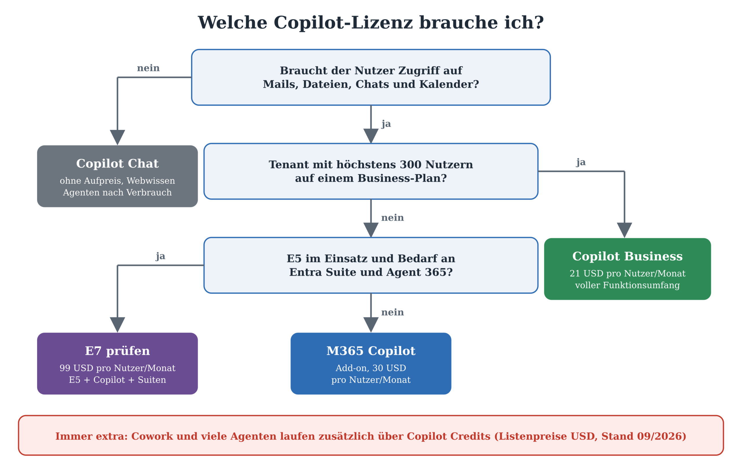 Entscheidungsbaum zur Wahl der richtigen Copilot-Lizenz basierend auf Nutzerzugriff und Anforderungen.
