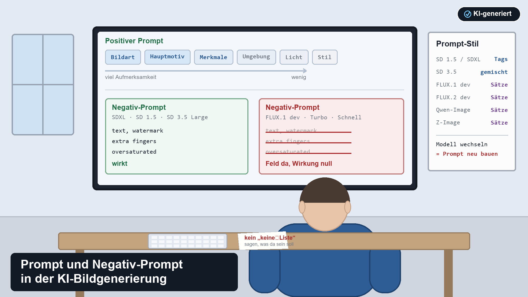 Infografik: Positiver Prompt mit Bausteinen, Negativ-Prompt-Vergleich nach Modell und Prompt-Stil-Übersicht