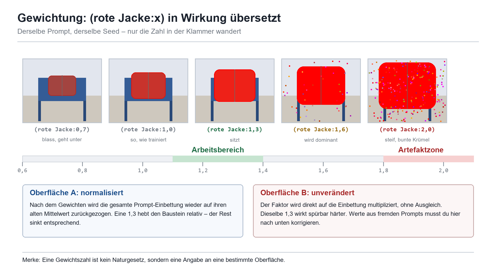 Gewichtungsskala (rote Jacke:0,7–2,0): fünf Beispielbilder zeigen Wirkung von Arbeitsbereich bis Artefaktzone