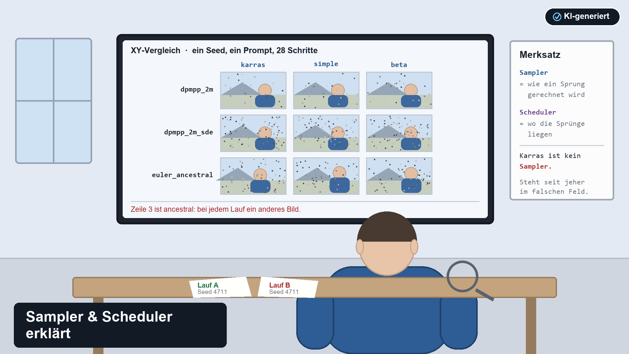 Infografik: XY-Vergleich von Samplern (dpmpp_2m, euler_ancestral) und Schedulern (karras, simple, beta) mit Merksatz-Kasten