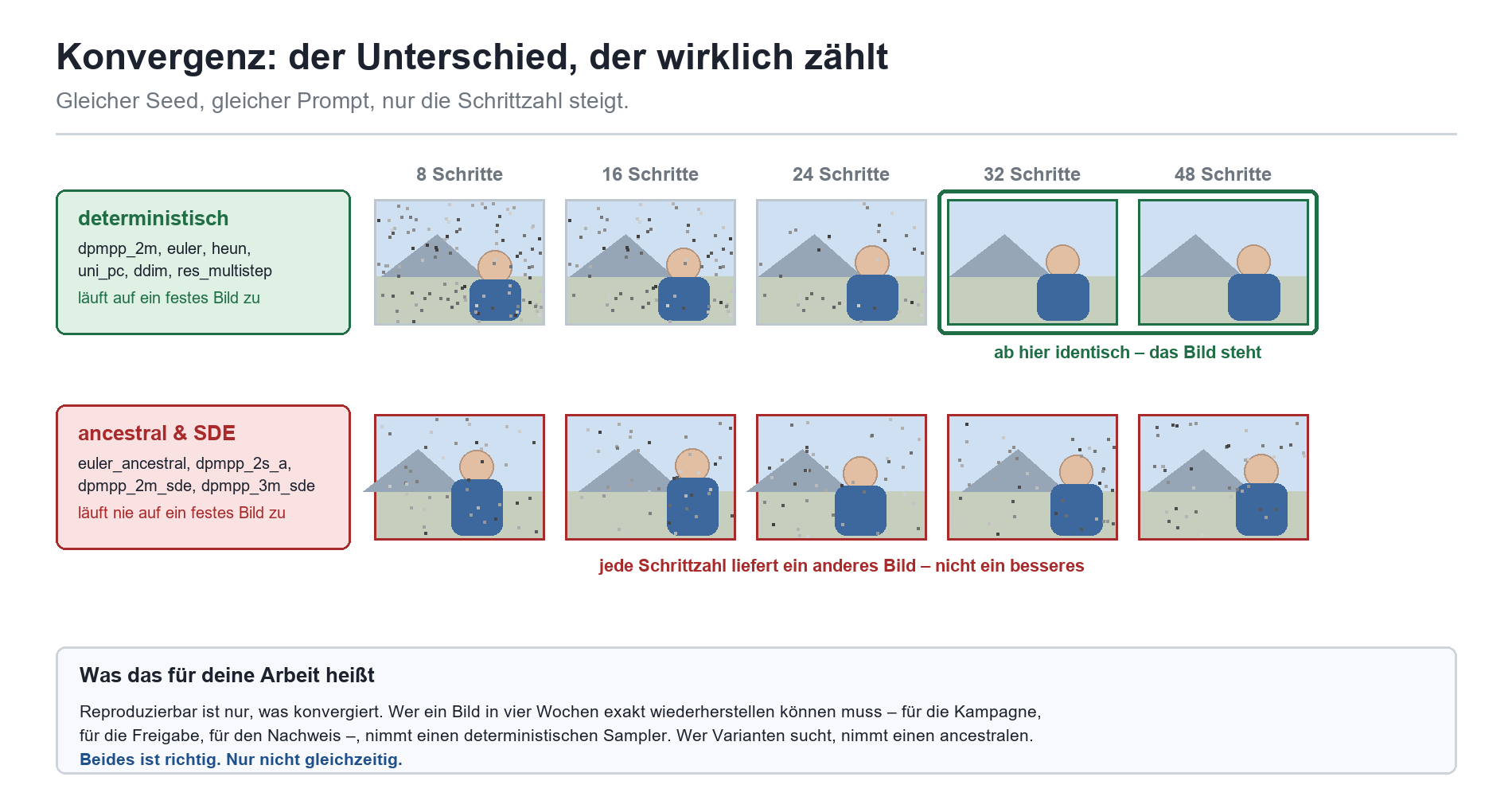 Vergleich deterministischer vs. ancestral/SDE-Sampler: deterministische Sampler konvergieren, ancestrale liefern je Schrittza