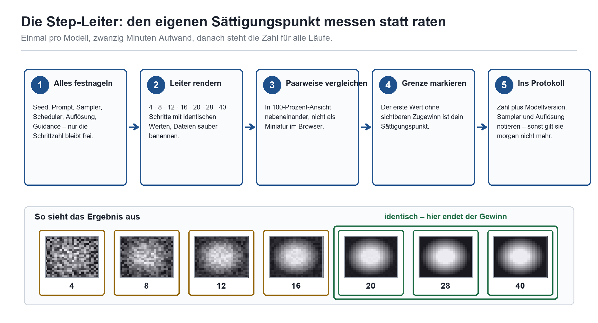 5-Schritte-Methode der Step-Leiter: Festnageln, Rendern, Vergleichen, Grenze markieren, Protokollieren – mit Beispielbildern