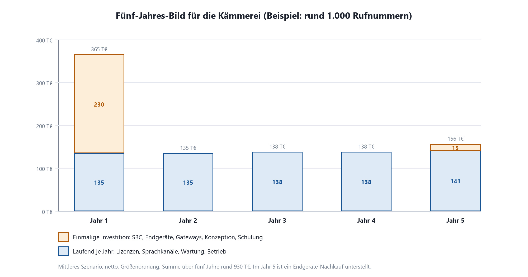 Säulendiagramm: Fünf-Jahres-Kostenübersicht für 1.000 Rufnummern mit einmaliger Investition (Jahr 1: 365 T€) und laufenden Ko