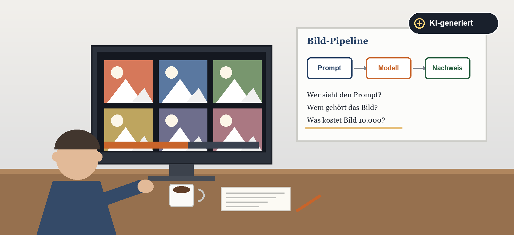 Illustration: KI-Bildgenerator-Pipeline mit Schritten Prompt, Modell und Nachweis; Person vor Monitor mit generierten Bildern