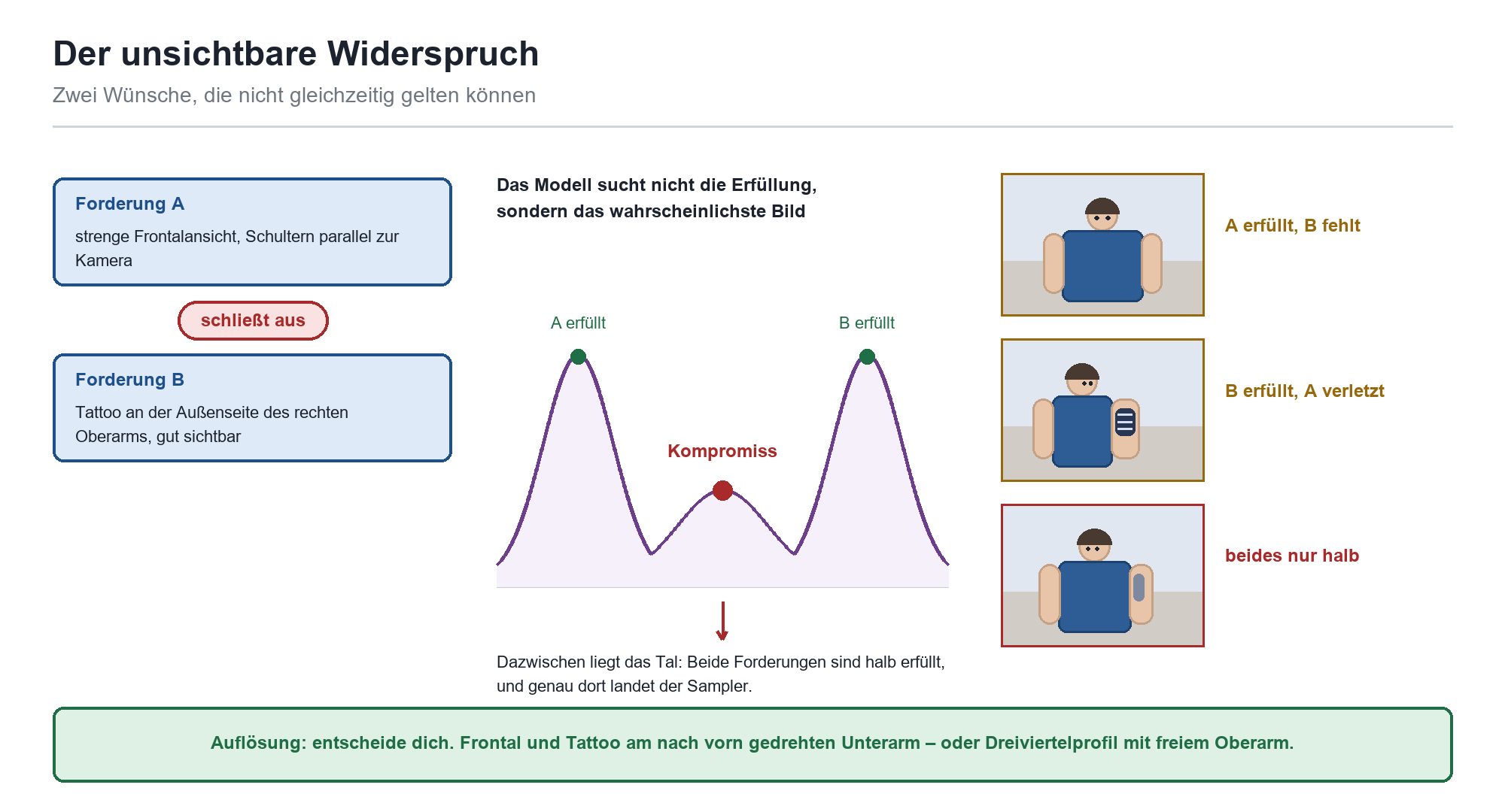 Diagramm: Zwei widersprüchliche Prompt-Forderungen (Frontalansicht vs. Tattoo) führen per Wahrscheinlichkeitskurve zum Kompro