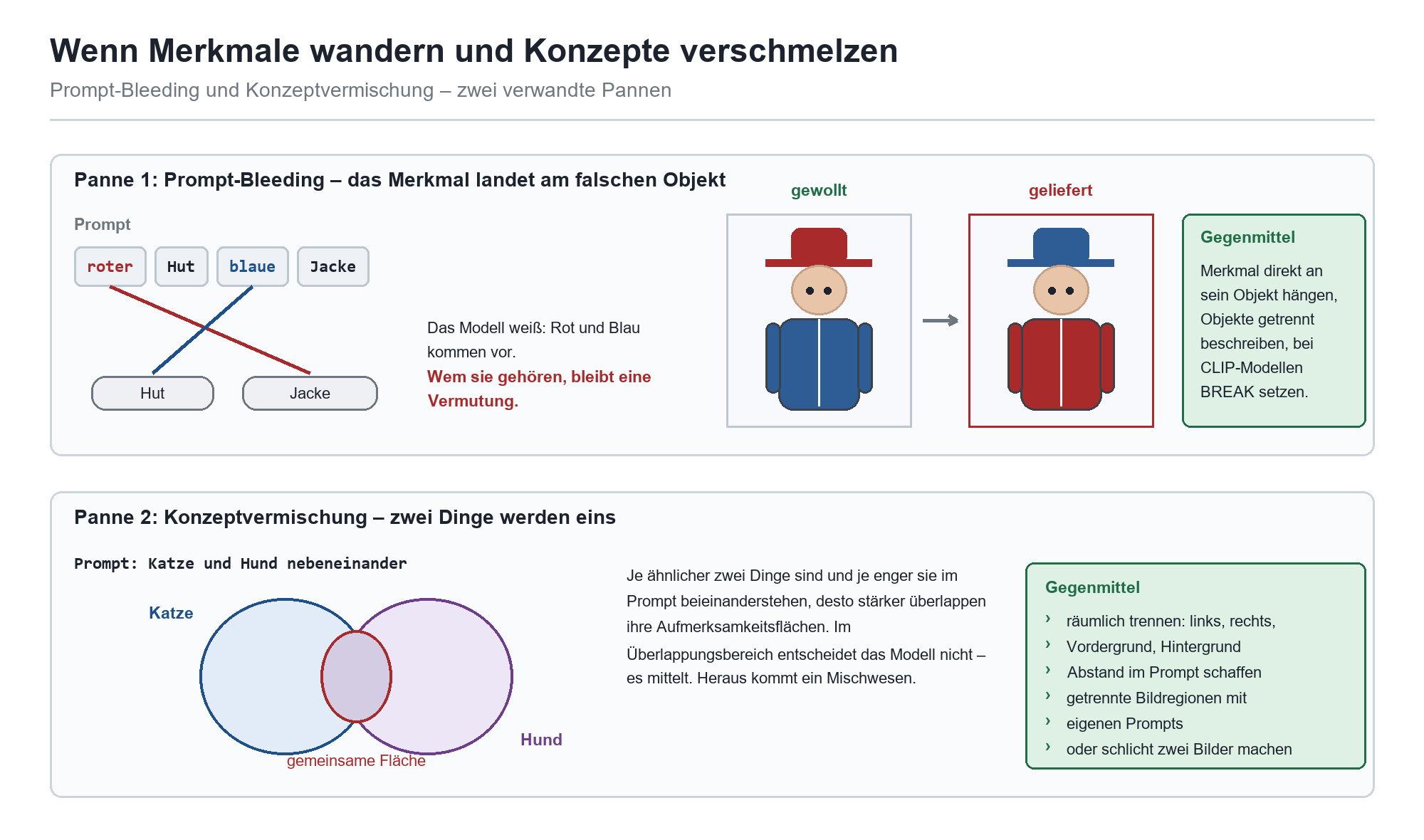 Infografik zu Prompt-Bleeding (Farben landen am falschen Objekt) und Konzeptvermischung (Katze und Hund verschmelzen) mit Geg