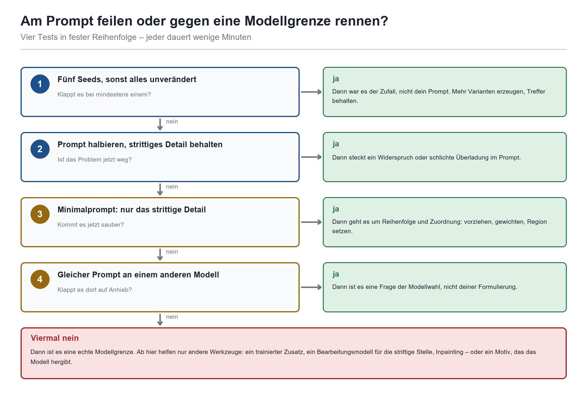 Entscheidungsflussdiagramm: 4 Tests zur Unterscheidung von Prompt-Fehlern und Modellgrenzen, von Seed-Varianten bis Modellwec