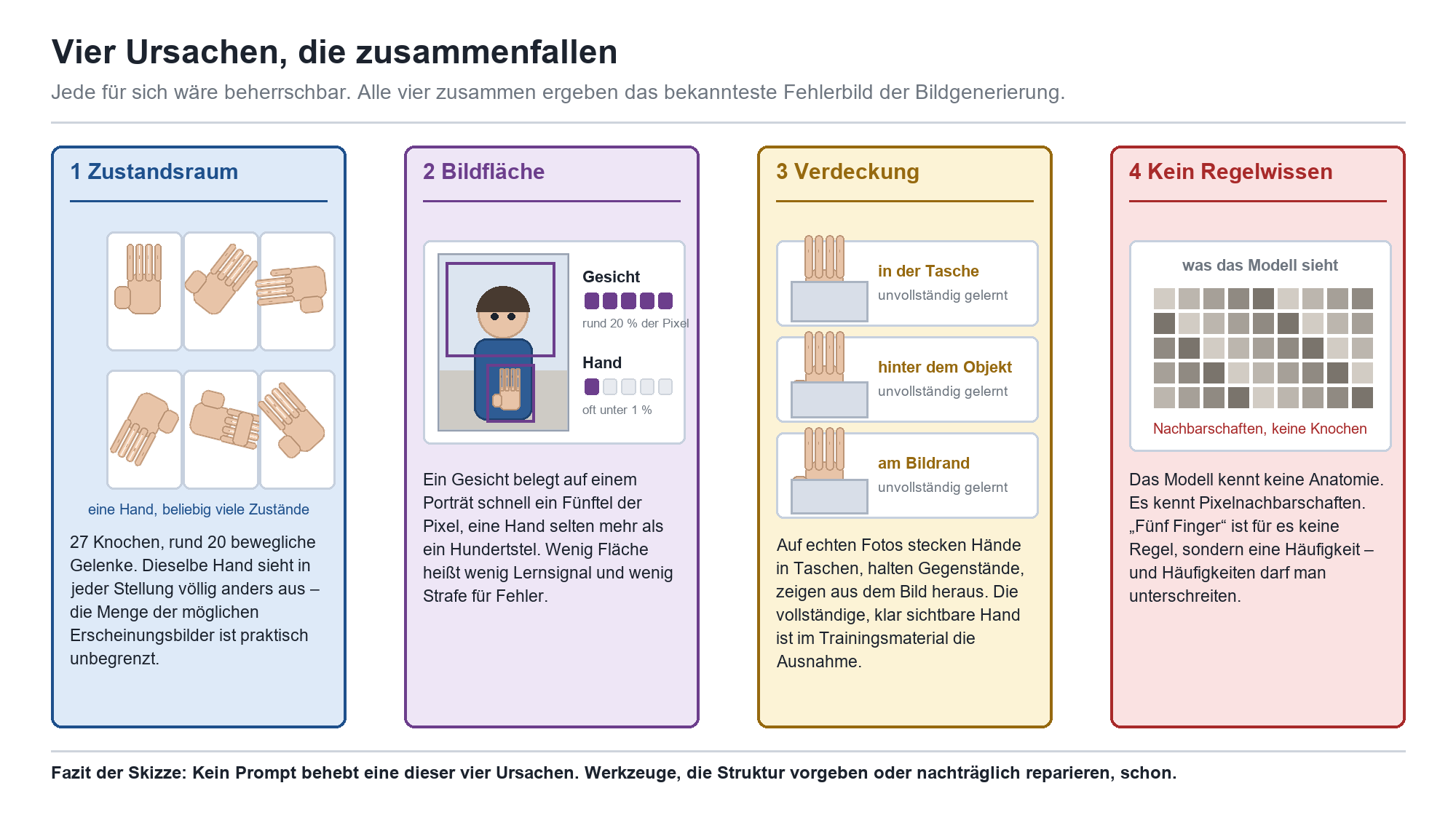 Vier-Spalten-Diagramm: Zustandsraum, Bildfläche, Verdeckung und fehlendes Regelwissen als Ursachen für KI-Handfehler