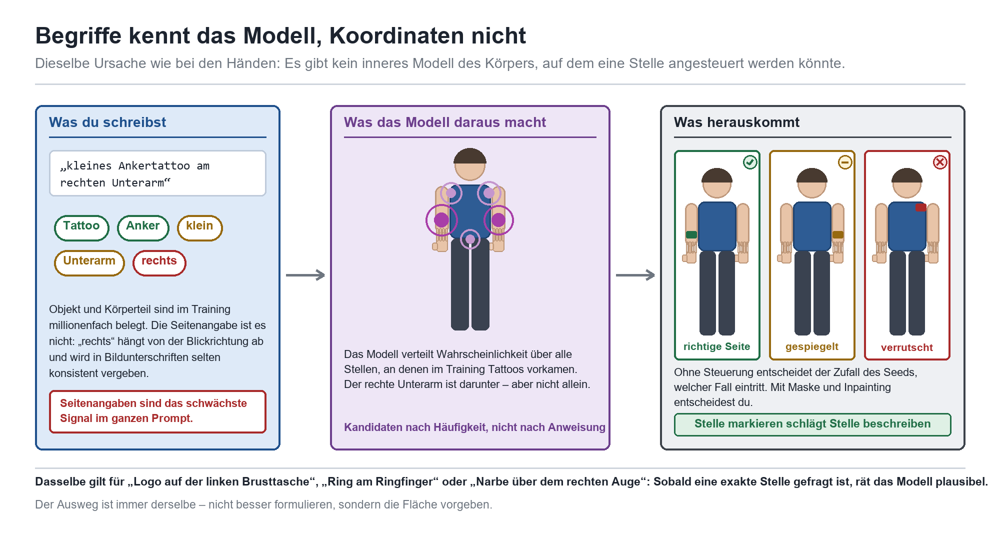 Dreistufiges Diagramm: Prompt mit Körperstelle, Wahrscheinlichkeitsverteilung des Modells, drei mögliche Ausgabe-Ergebnisse