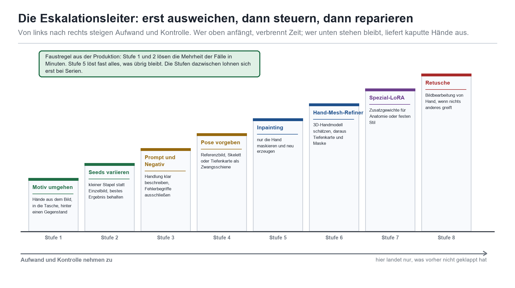 Stufendiagramm: 8-stufige Eskalationsleiter von Motiv umgehen bis Retusche, mit steigendem Aufwand und Kontrolle