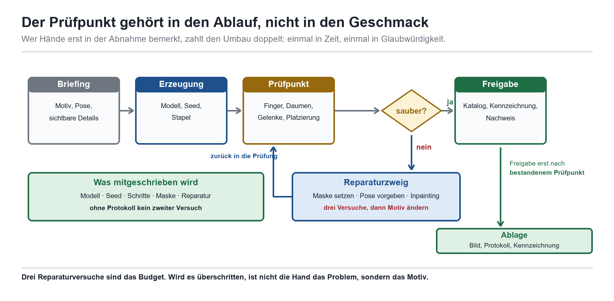 Ablaufdiagramm KI-Bildproduktion: Briefing, Erzeugung, Prüfpunkt, Reparaturzweig und Freigabe mit Entscheidungslogik