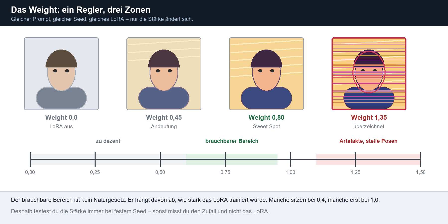 LoRA-Weight-Skala 0–1,5: vier Figurenbeispiele zeigen Effekte von Weight 0,0 (aus) bis 1,35 (überzeichnet)