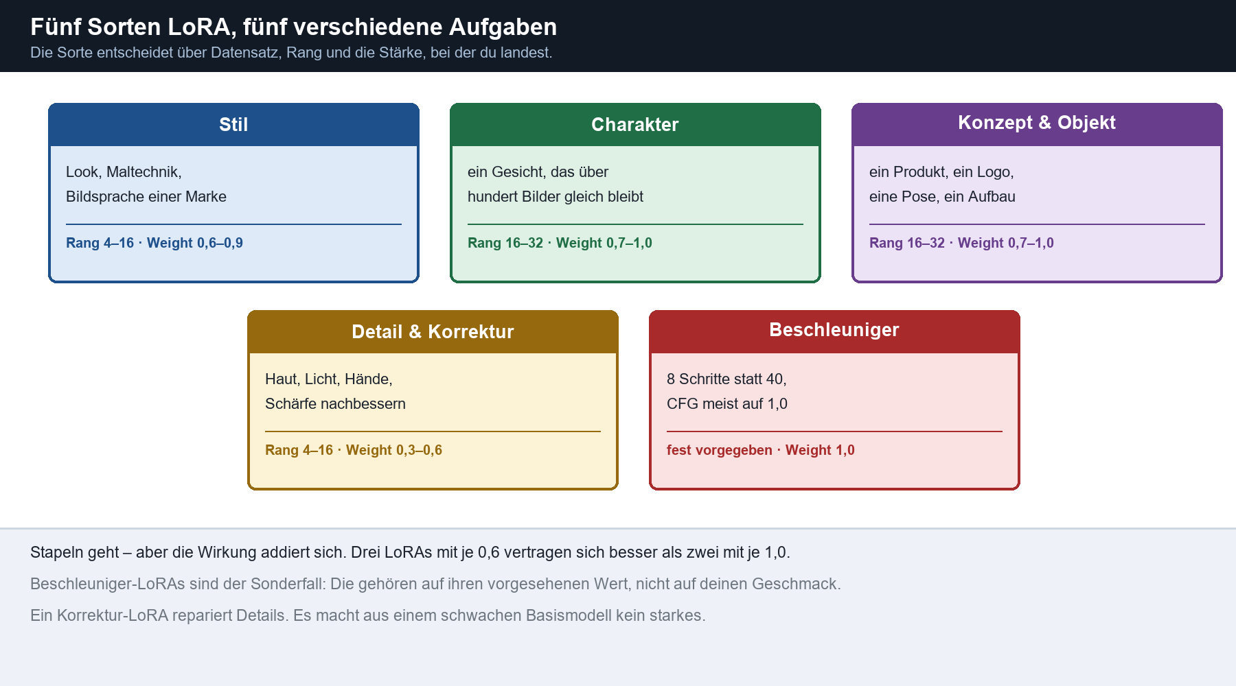 Übersicht: fünf LoRA-Typen (Stil, Charakter, Konzept, Detail, Beschleuniger) mit Rang und Weight-Bereichen