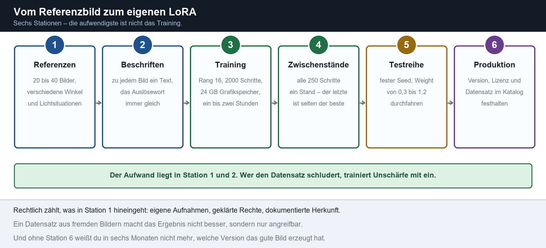 Sechsstufiger LoRA-Trainingsprozess: Referenzen, Beschriften, Training, Zwischenstände, Testreihe, Produktion