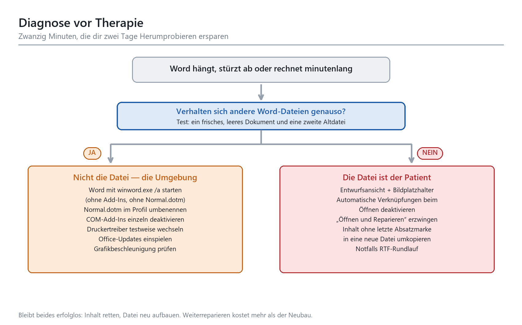 Flussdiagramm zur Word-Fehlerdiagnose: Verzweigung in Umgebungsproblem oder korrupte Datei mit jeweiligen Lösungsschritten.