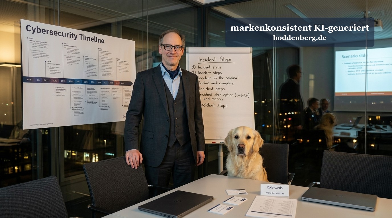 Mann in Anzug mit Brille steht neben einem Golden Retriever an einem Konferenztisch; im Hintergrund Flipcharts mit "Cybersecurity Timeline" und "Incid…