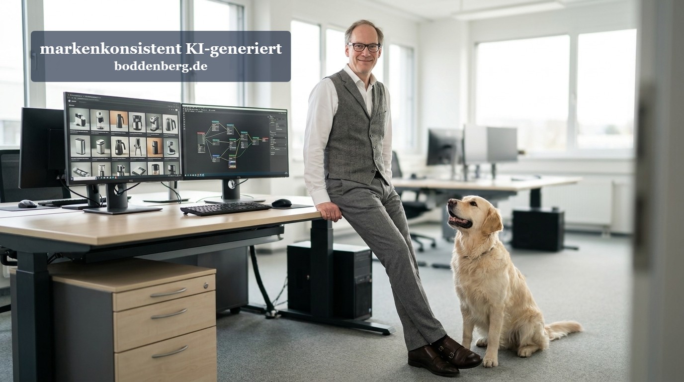 Designer mit Hund im modernen Büro Designer sitzt an seinem Arbeitsplatz im hellen Büro neben einem hellbraunen Labrador, im Hintergrund Dual-Monitor-Setup mit 3D-Design-Software.