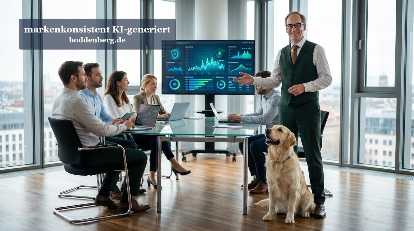 DLP und ChatGPT-Sicherheit im Team-Meeting Geschäftsteam in einem modernen Konferenzraum mit Blick auf die Stadt, präsentiert Sicherheitsdaten auf einem großen Monitor, ein goldener Labrador si…