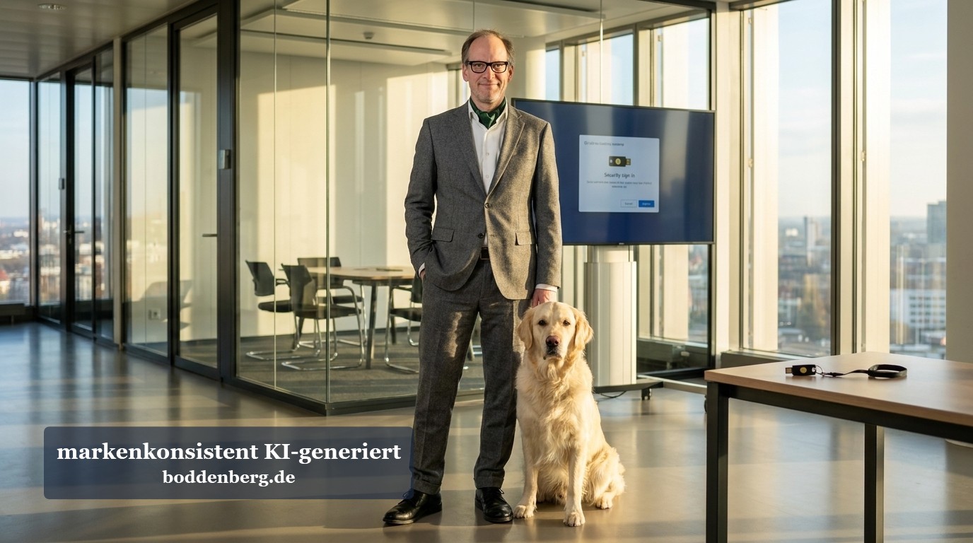 Ein Mann in grauem Blazer und Brille steht mit einem hellen Labrador Retriever in einem modernen Büro mit Fensterfront und Blick auf die Skyline.