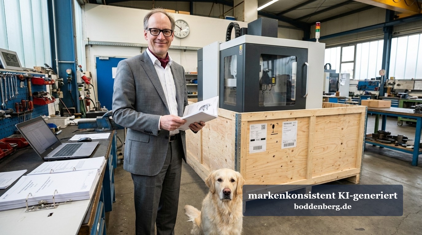 Ein Geschäftsführer in Anzug und Brille hält ein Tablet in einer modernen Werkstatt neben einer verpackten Maschine, ein Hund sitzt daneben.