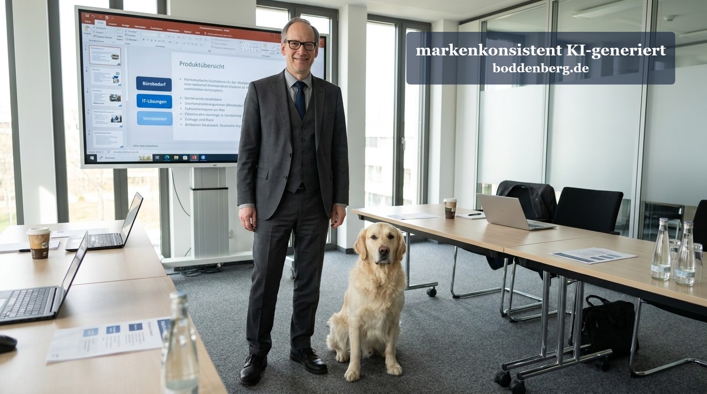 Geschäftsmann mit Brille neben gelbem Labrador Retriever in modernem Büroraum mit großem Bildschirm.