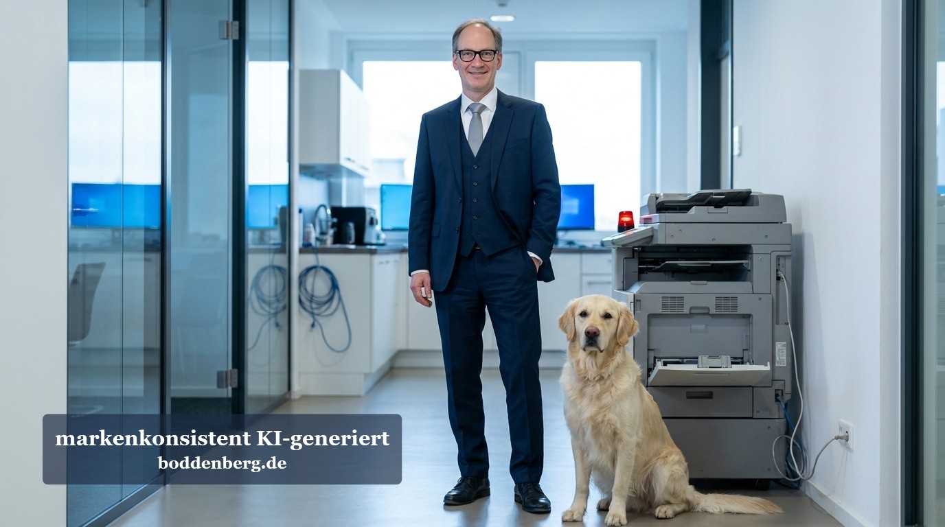 Geschäftsmann und Hund im Büroflur Geschäftsmann im dunklen Anzug posiert neben seinem Labrador im modernen Büroflur mit Glasptrennwand und Multifunktionsdrucker.