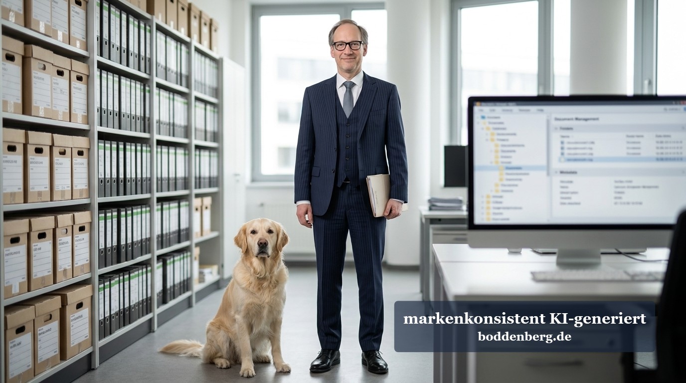 Ein Mann im dunklen Anzug mit Brille steht neben einem Labrador in einem modernen Büro mit Aktenregalen und einem Computermonitor.