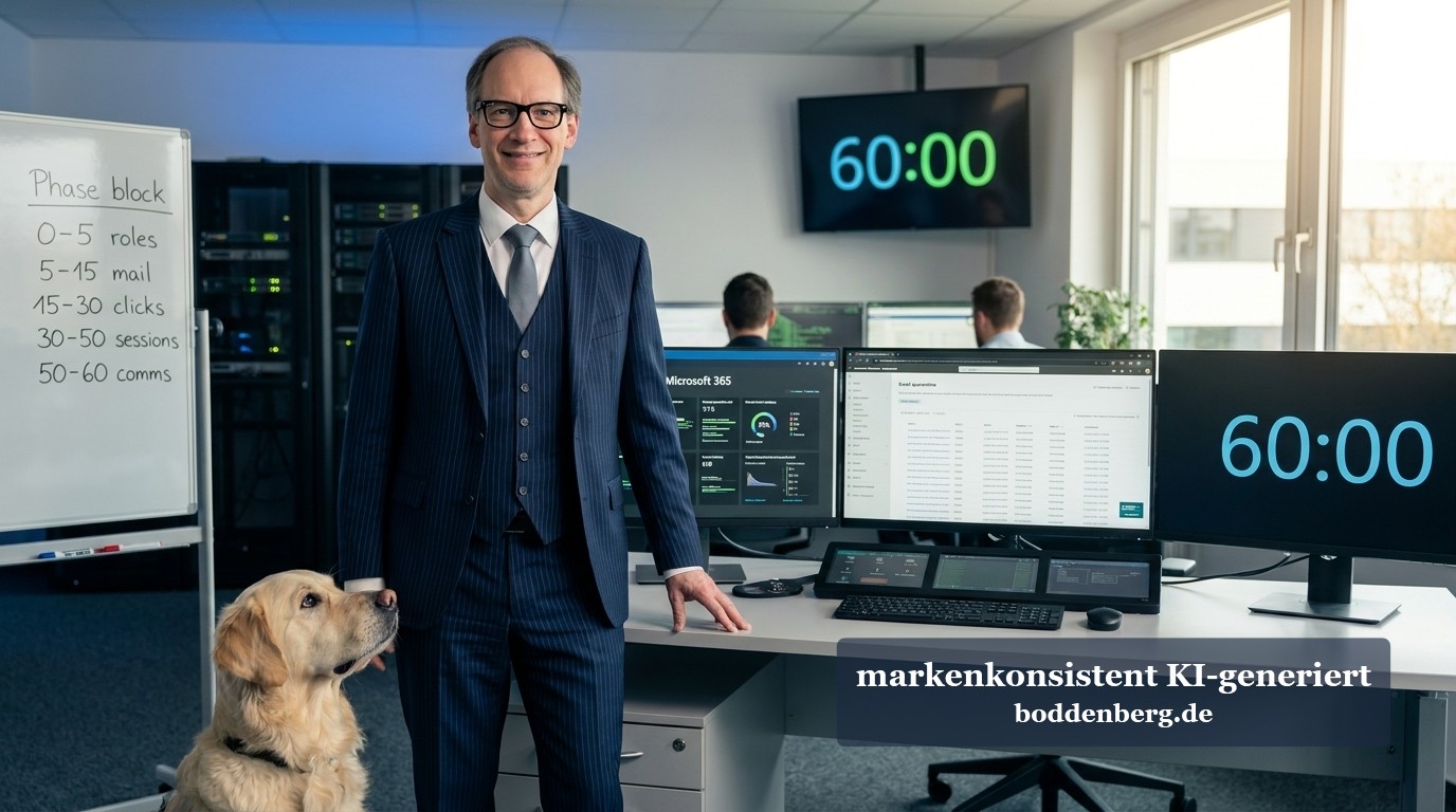 Geschäftsmann in Anzug steht neben einem Labrador vor mehreren Monitoren mit Checklisten und Dashboards in einem modernen Büro.