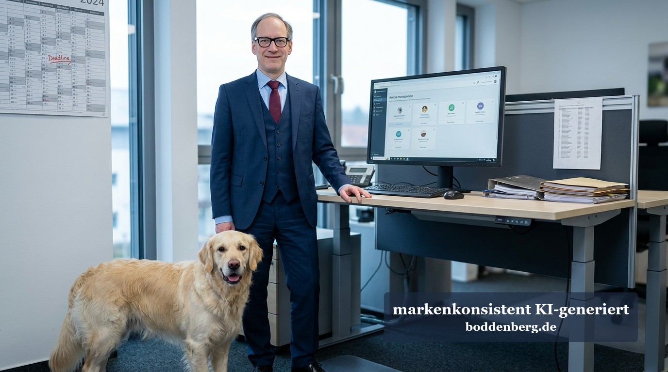 Geschäftsmann im dunkelblauen Anzug steht mit einem Golden Retriever neben seinem Schreibtisch mit Computerbildschirmen in einem modernen Büro.