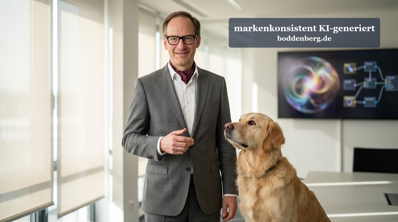 Geschäftsmann mit Hund im Büro Geschäftsmann mit Brille und grauem Blazer steht neben einem hellbraunen Labrador in einem modernen Büro.