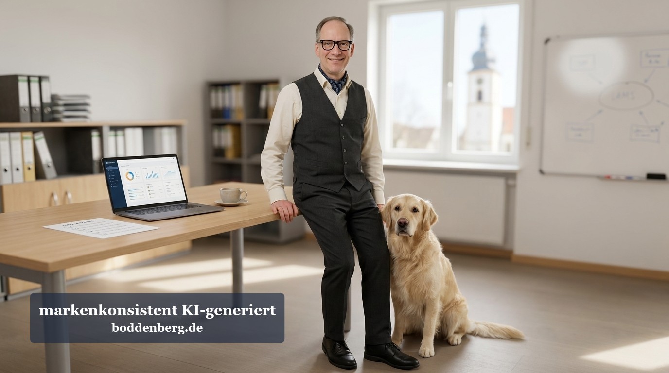 Geschäftsmann mit Hund im Büro Ein Mann in Businesskleidung steht neben einem Golden Retriever in einem hellen Büro mit Laptop und Fensterblick auf einen Kirchturm.