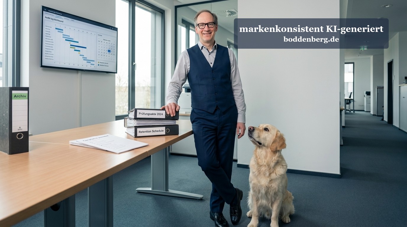Geschäftsmann mit Hund im Büro Geschäftsmann mit Brille und blauer Weste steht neben einem Labrador in modernem Büro mit Gantt-Diagramm auf Monitor.